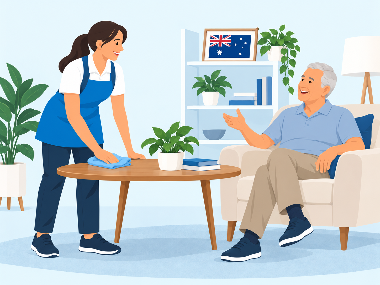 An older Australian veteran at home with a professional cleaner and a small Australian flag.