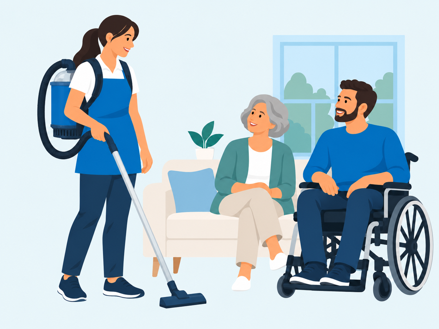 Cleaner wearing a blue backpack vacuum with an older woman and a wheelchair user at home.