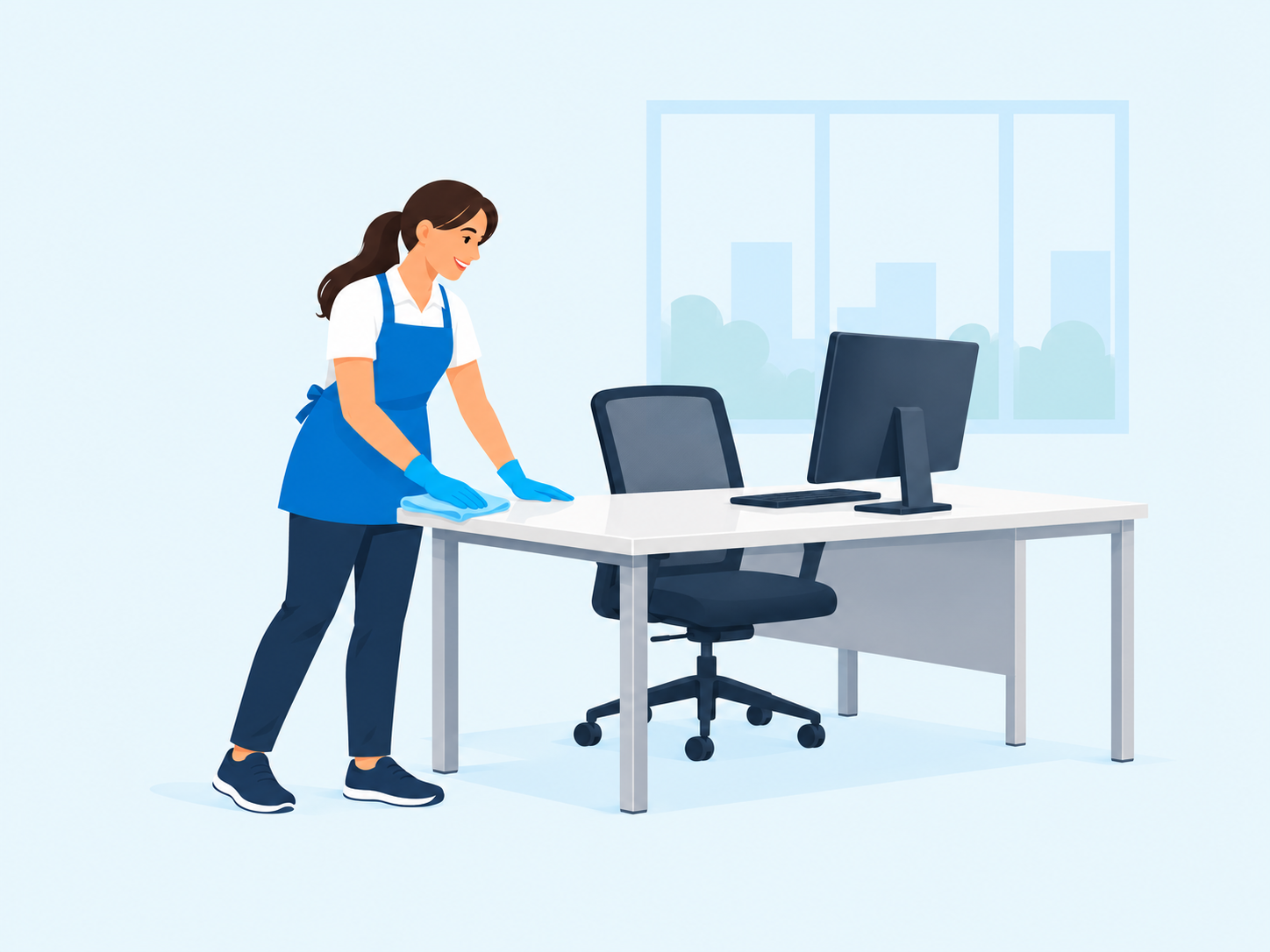 A professional cleaner cleaning a desk in an office.