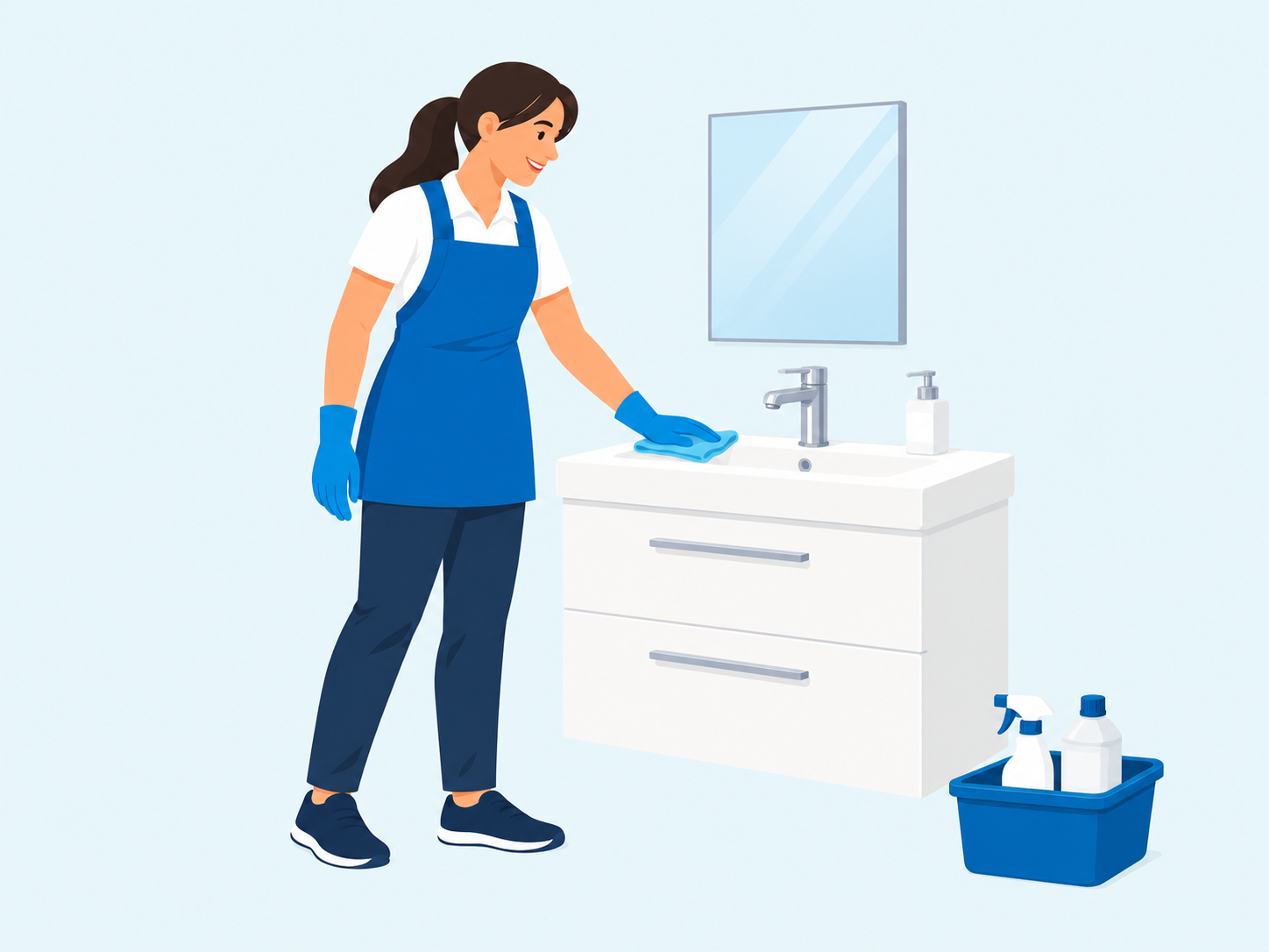 A professional cleaner wiping a bathroom basin during a one-off clean.