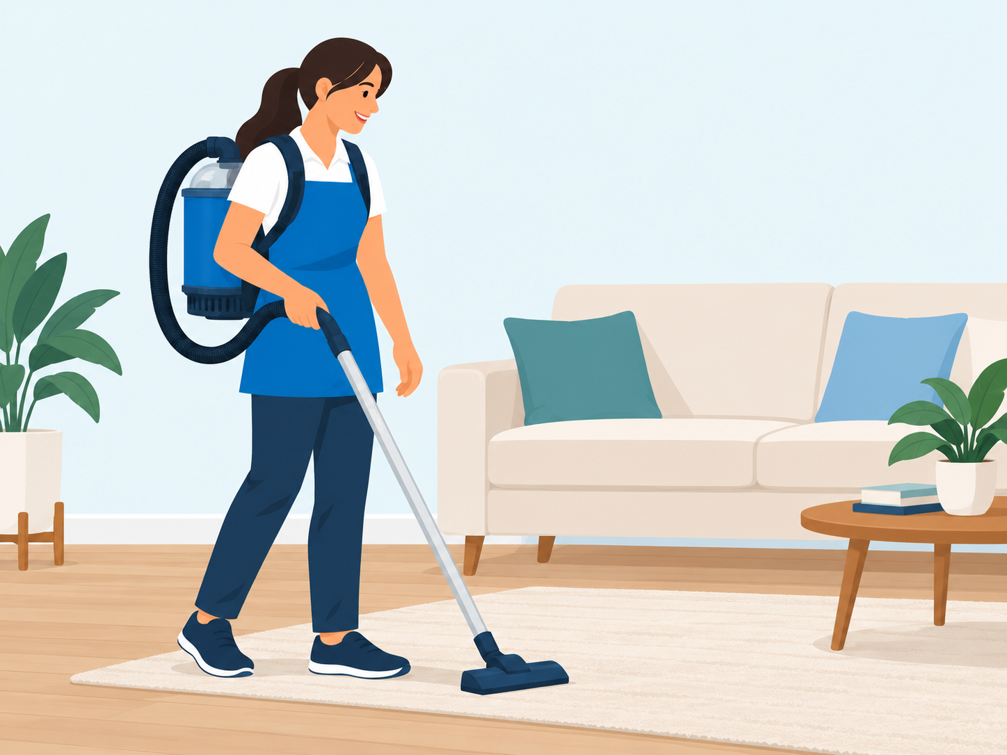 Professional cleaner using a blue backpack vacuum in a living room.