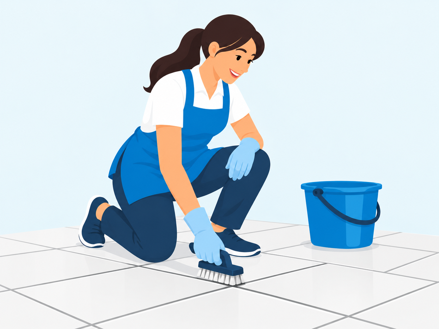 A professional cleaner scrubbing a grout line between floor tiles.