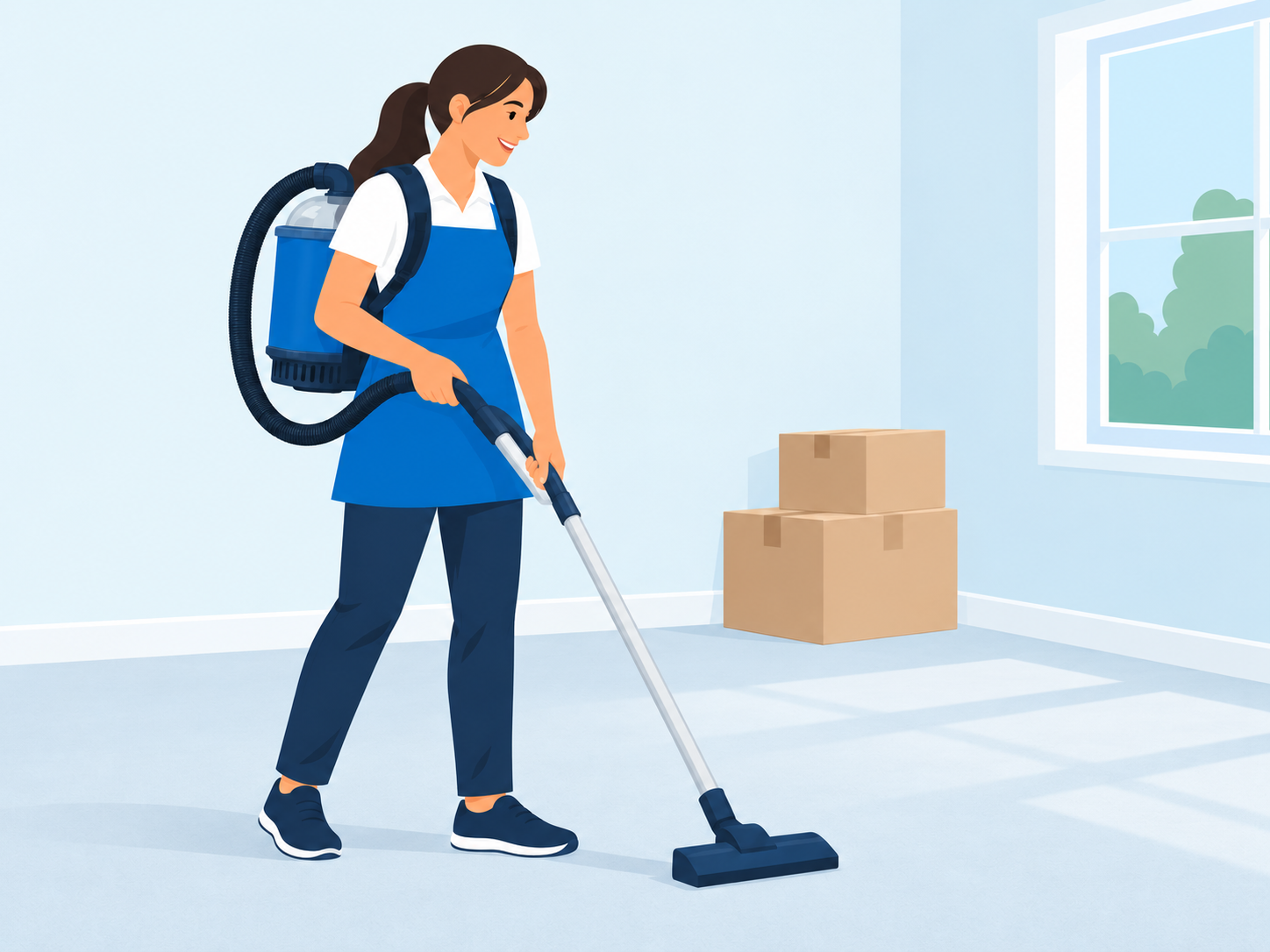A professional cleaner using a backpack vacuum in an empty room with moving boxes.