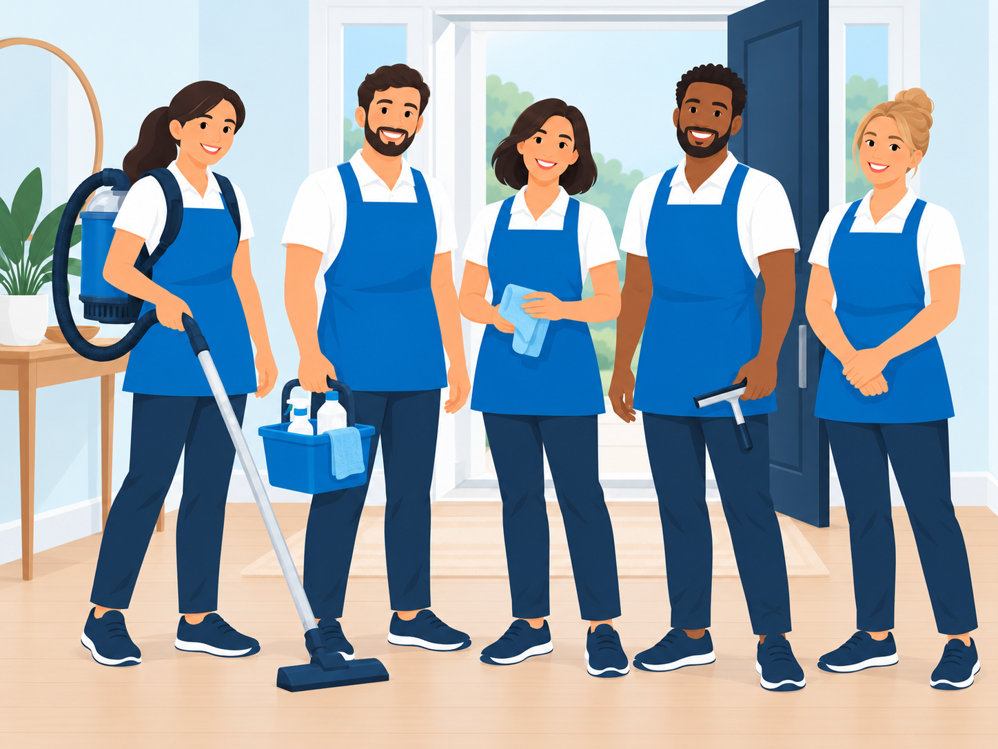 Illustration of five professional cleaners in blue uniforms with a backpack vacuum, cleaning caddy, cloth and squeegee.
